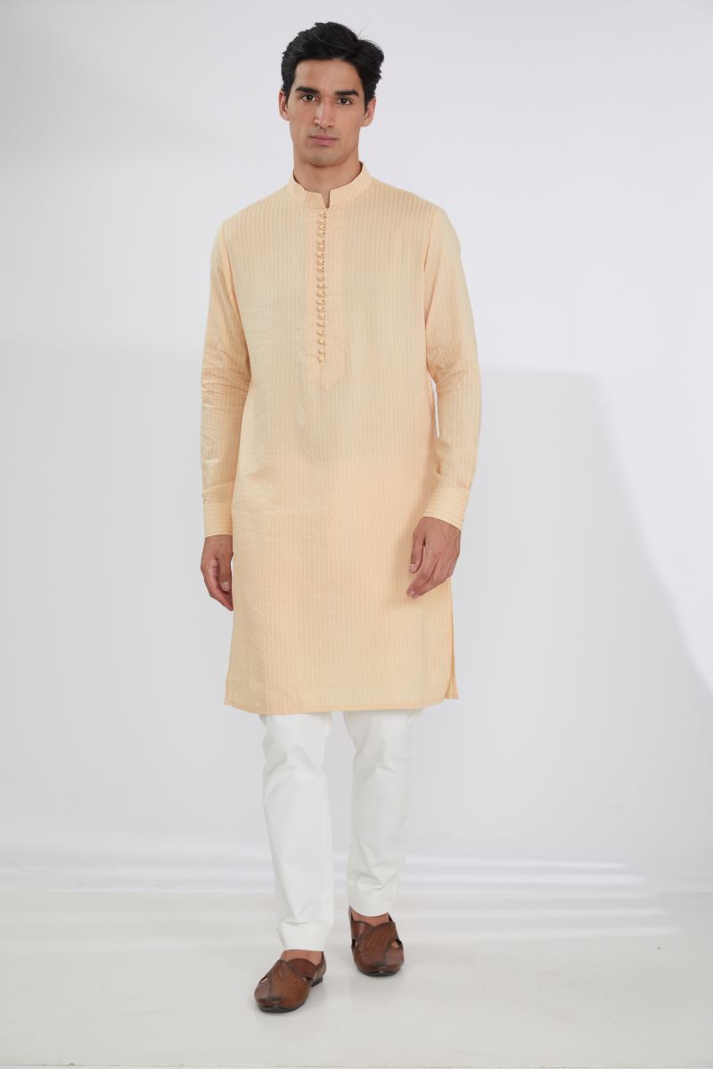 IVORY MULTI RESHAM BUNDI WITH CREAM SELF COTTON KURTA AND OFFWHITE  PANTS