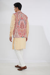 IVORY MULTI RESHAM BUNDI WITH CREAM SELF COTTON KURTA AND OFFWHITE  PANTS