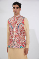 IVORY MULTI RESHAM BUNDI WITH CREAM SELF COTTON KURTA AND OFFWHITE  PANTS