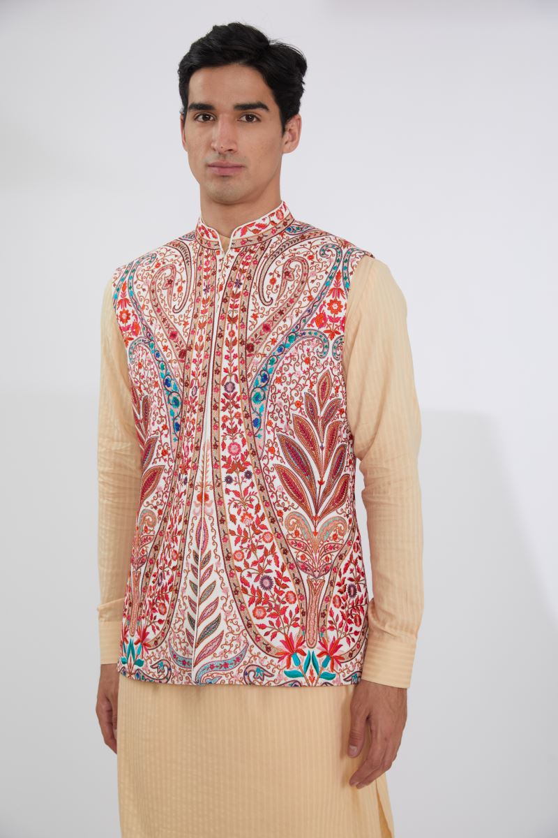 IVORY MULTI RESHAM BUNDI WITH CREAM SELF COTTON KURTA AND OFFWHITE  PANTS