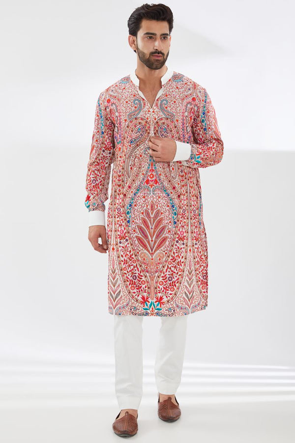 IVORY WITH MULTI COLOR V NECK OPEN RESHAM UNLINED KURTA AND PANT SET