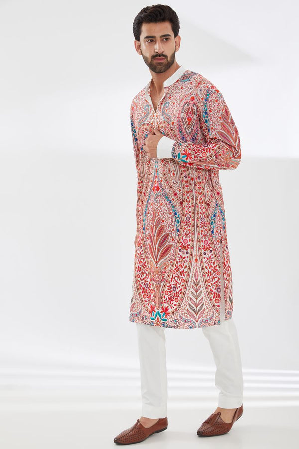 IVORY WITH MULTI COLOR V NECK OPEN RESHAM UNLINED KURTA AND PANT SET