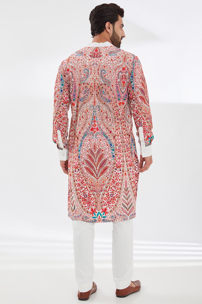 IVORY WITH MULTI COLOR V NECK OPEN RESHAM UNLINED KURTA AND PANT SET