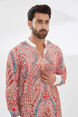 IVORY WITH MULTI COLOR V NECK OPEN RESHAM UNLINED KURTA AND PANT SET