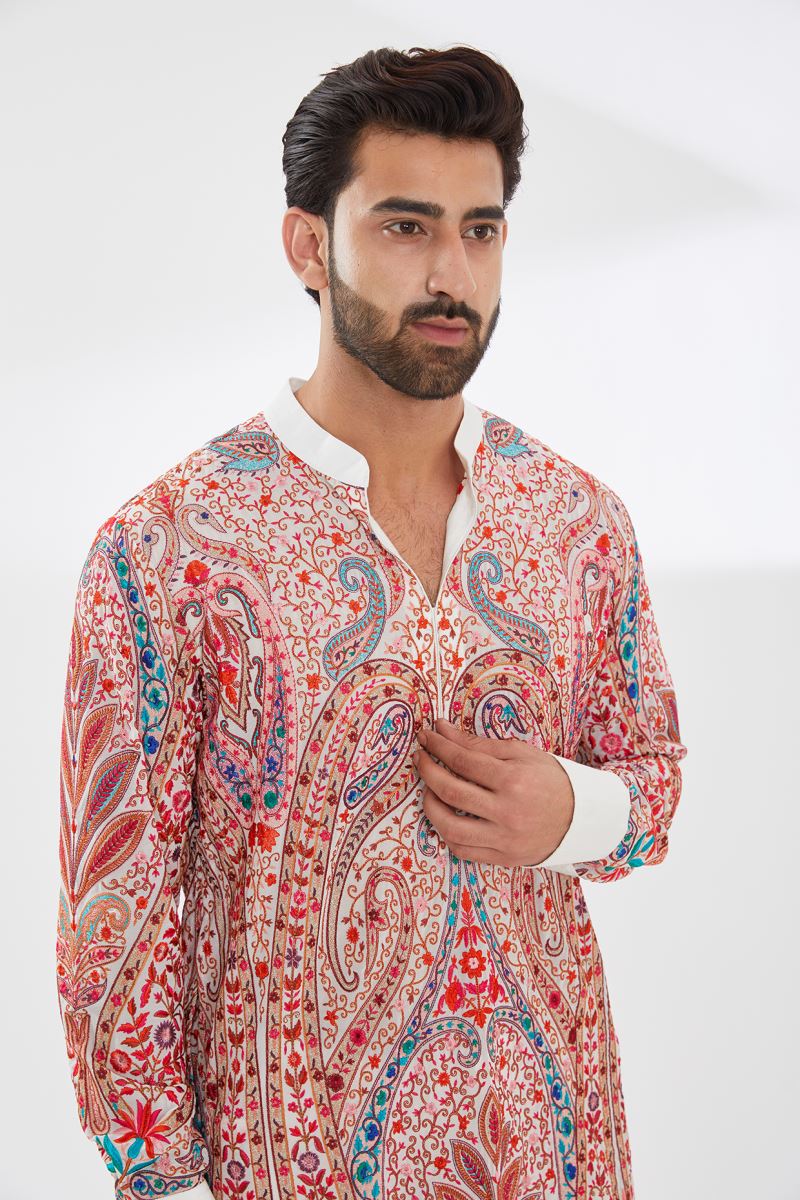IVORY WITH MULTI COLOR V NECK OPEN RESHAM UNLINED KURTA AND PANT SET
