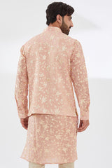 PINK PARSI GARA EMBROIDERED UNLINED SILK KURTA WITH BUNDI AND BEIGE PANTS