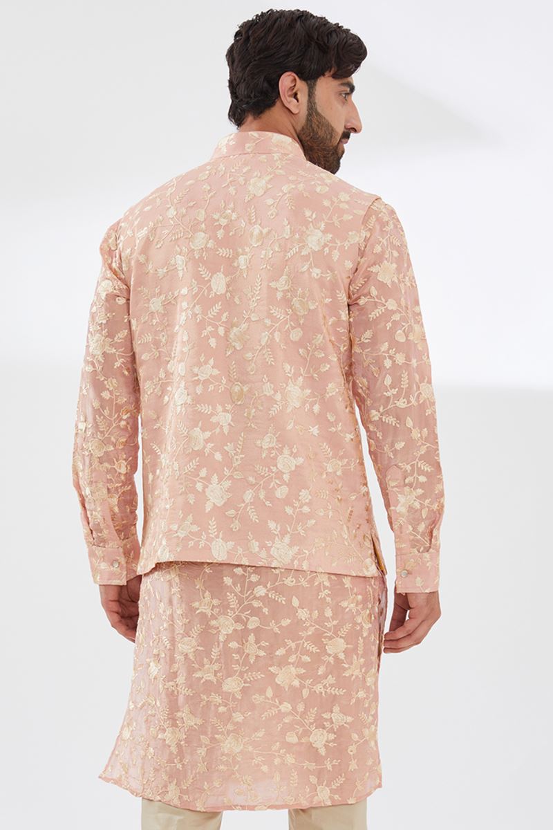 PINK PARSI GARA EMBROIDERED UNLINED SILK KURTA WITH BUNDI AND BEIGE PANTS