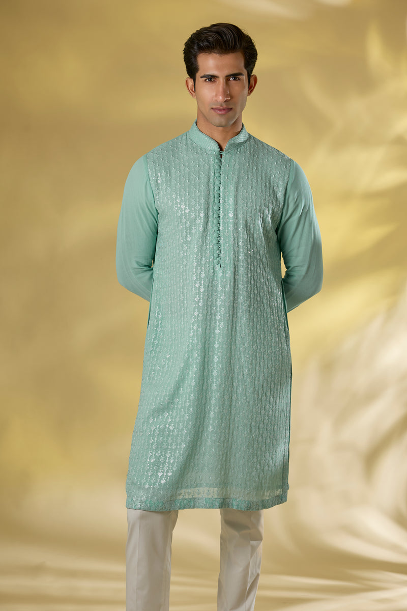 PALE BLUE GORGETTE FRONT EMBO.