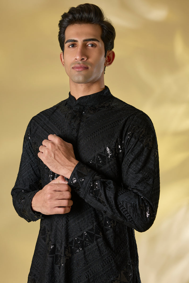 BLACK COTTON SILK SHORT KURTA