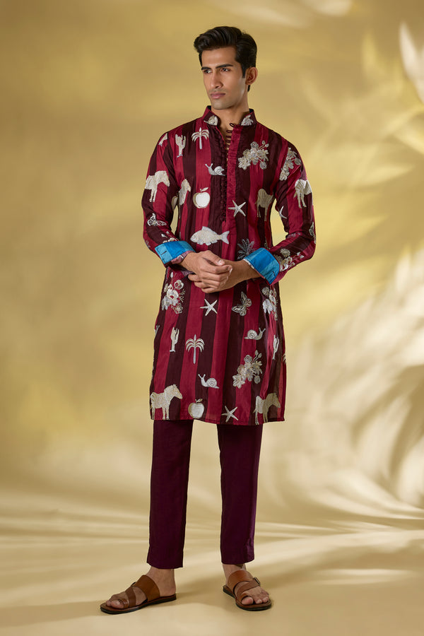 WINE STRIPE SILK THREAD+ZARI WORK