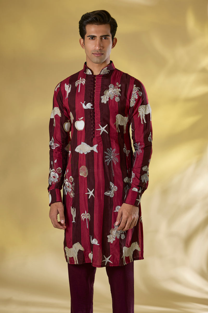 WINE STRIPE SILK THREAD+ZARI WORK