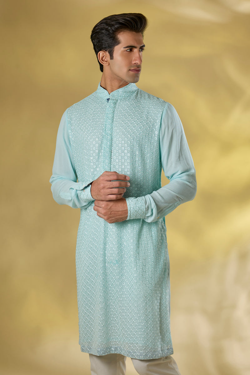 SKY BLUE GORGETTE FRONT EMBO