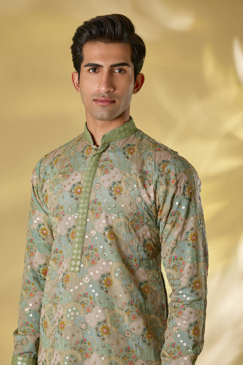 SAGE GREEN PRINTED CRINKLE GEORGETTE