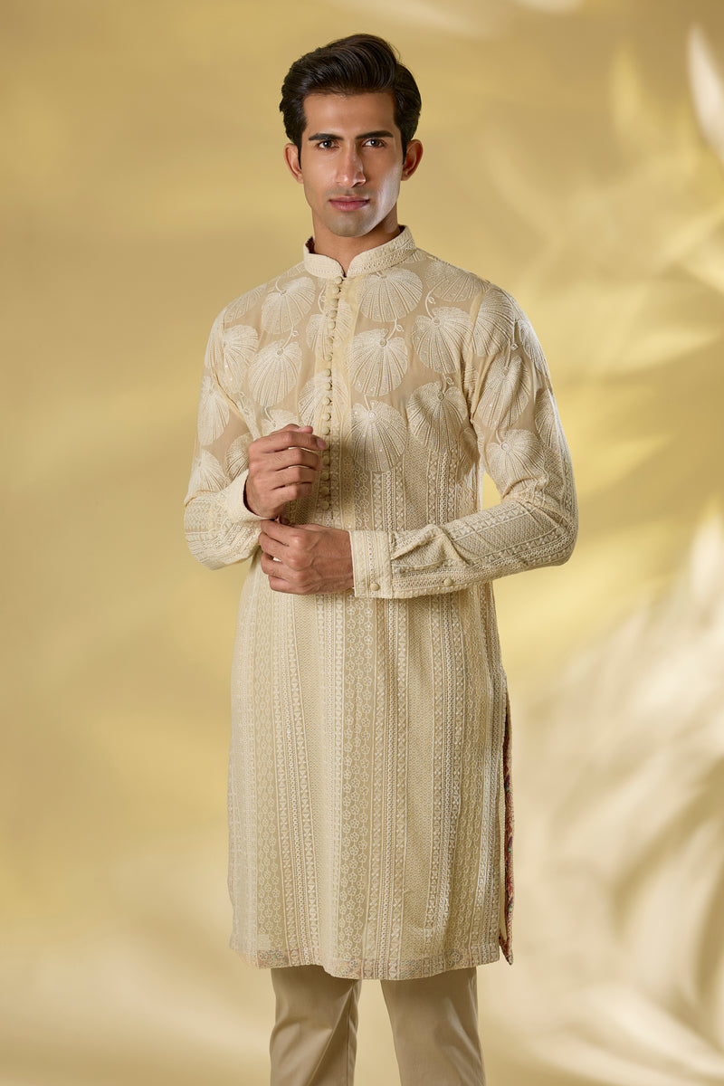 CREAM GORGETTE KURTA W TONAL