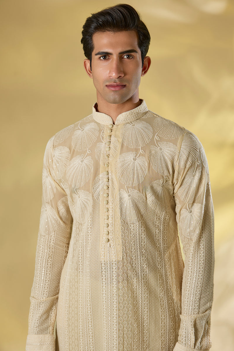 CREAM GORGETTE KURTA W TONAL