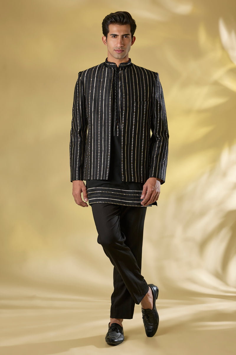 BLACK SILK W GOLD ZARDOZI KURTA and JACKET SET