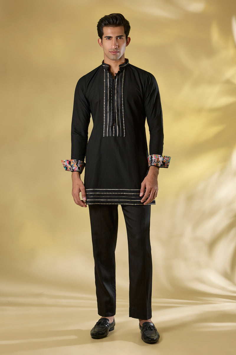 BLACK SILK W GOLD ZARDOZI KURTA and JACKET SET