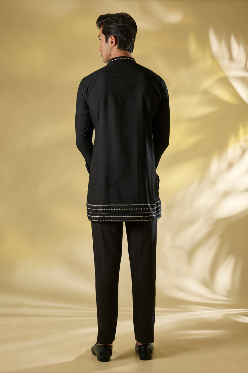 BLACK SILK W GOLD ZARDOZI KURTA and JACKET SET