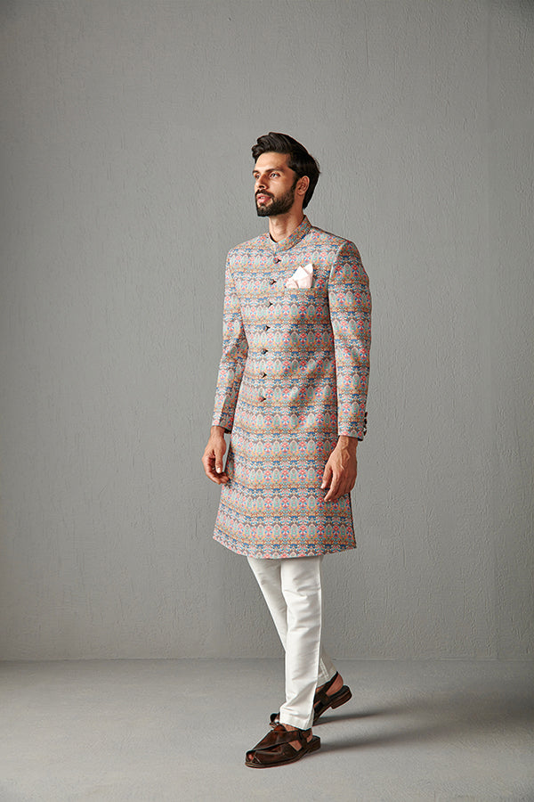 SHERWANI-BLUE WITH IVORY TROUSER