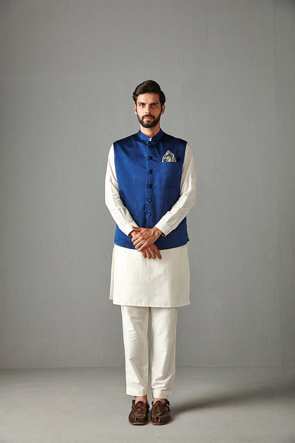 BLUE BUNDI WITH IVORY KURTA & TROUSER-KURA BUNDI SET