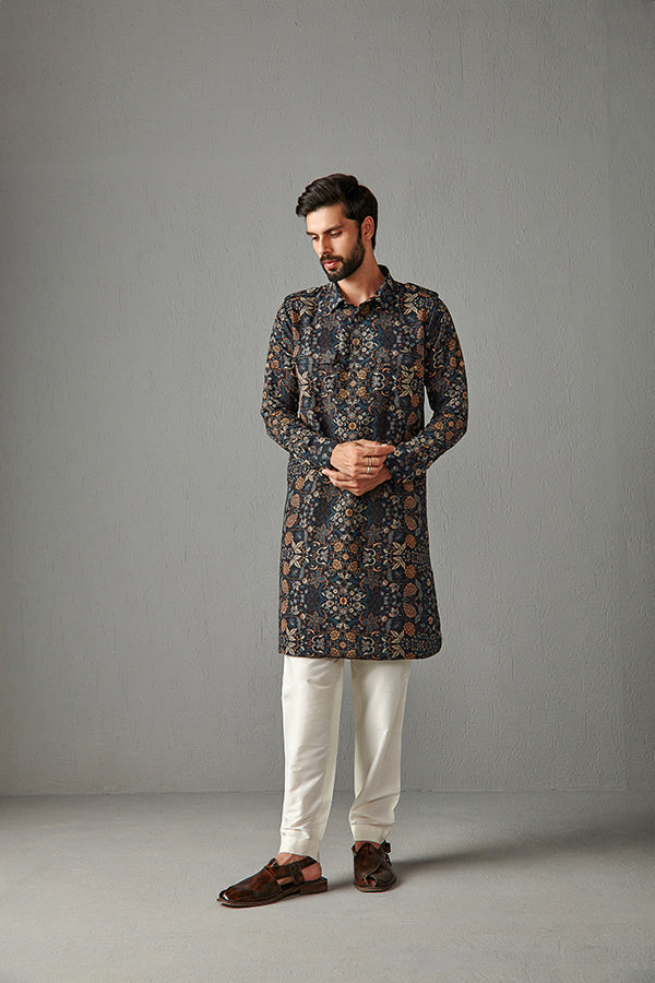 BLACK WITH IVORY TROUSER-PATHAN KURTA