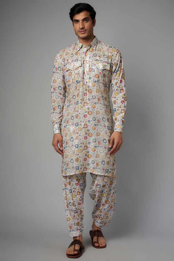IVORY BLOOM PRINT 1/2 SHEETING 1/2 CREPE PATHAN KURTA W PRINT CREPE SALWAR SET