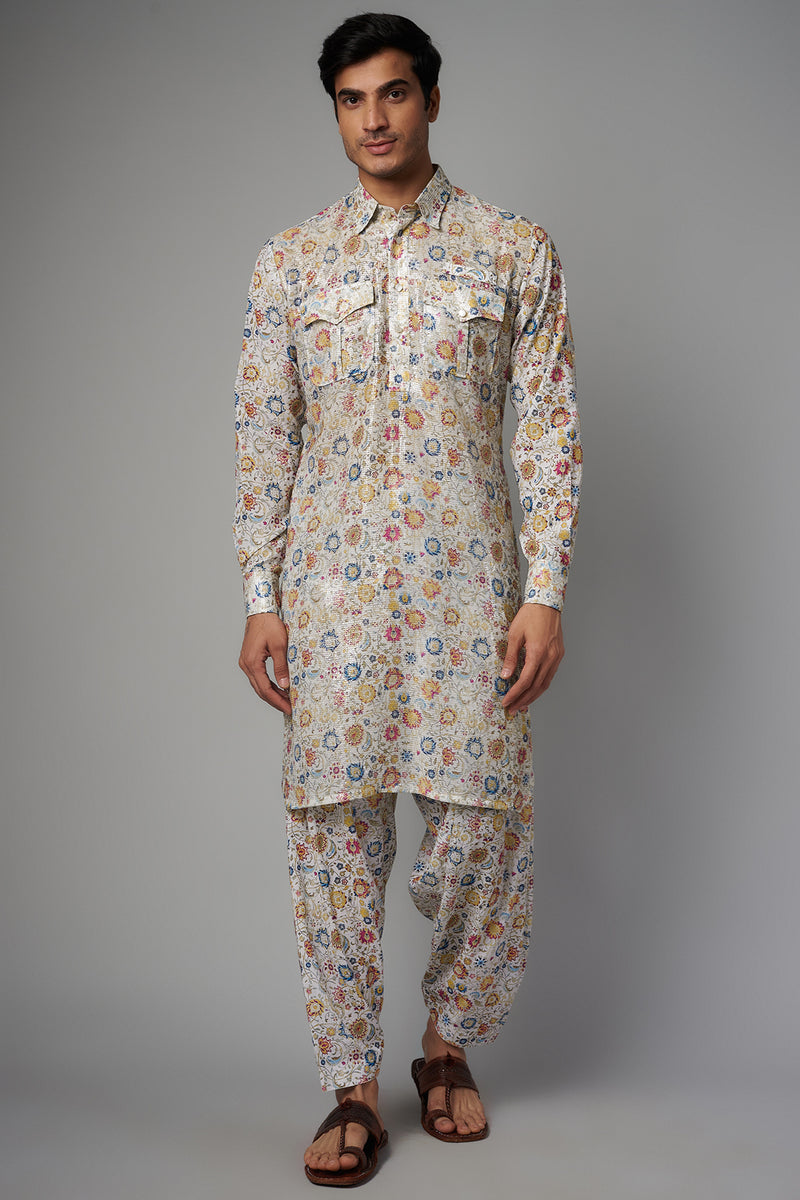IVORY BLOOM PRINT 1/2 SHEETING 1/2 CREPE PATHAN KURTA W PRINT CREPE SALWAR SET
