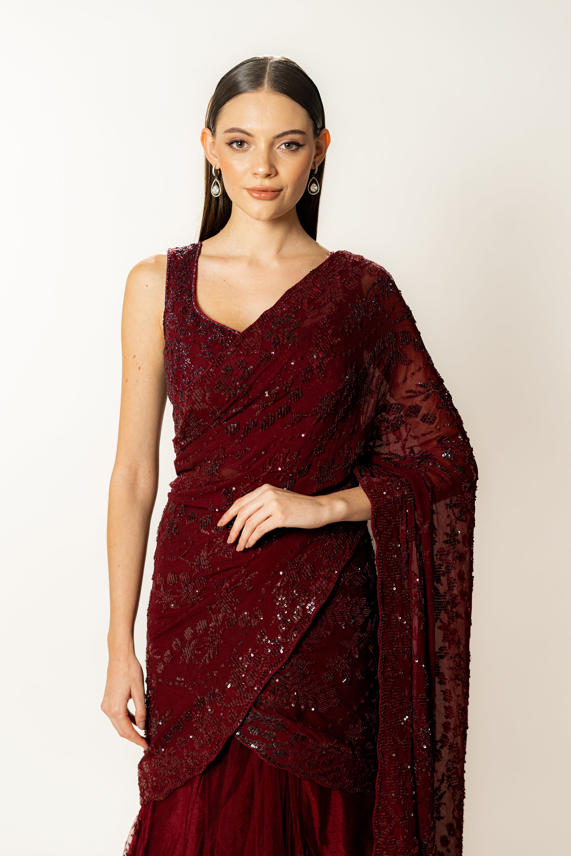 Adha ox blood lehenga sari set