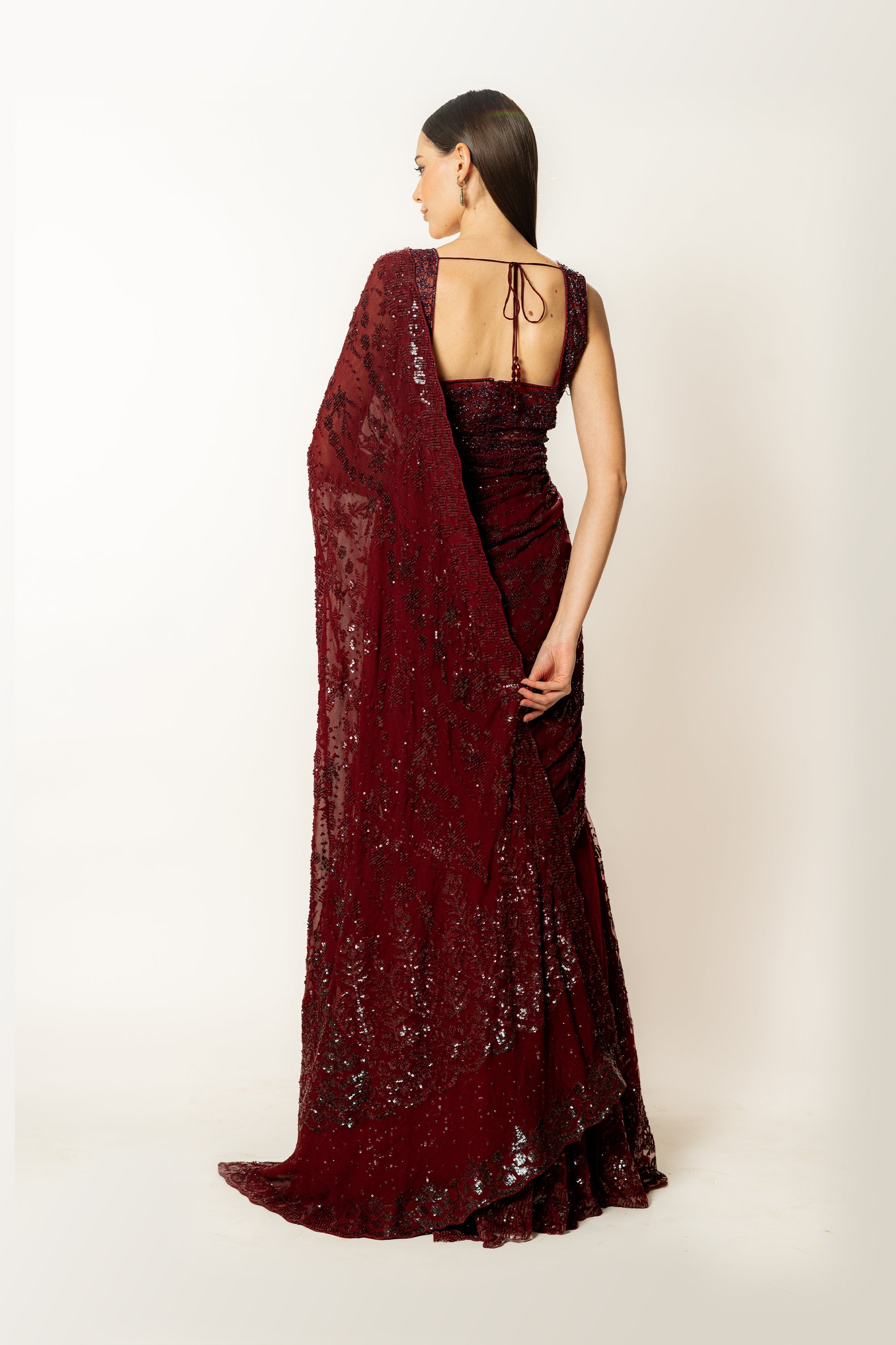 Adha ox blood lehenga sari set