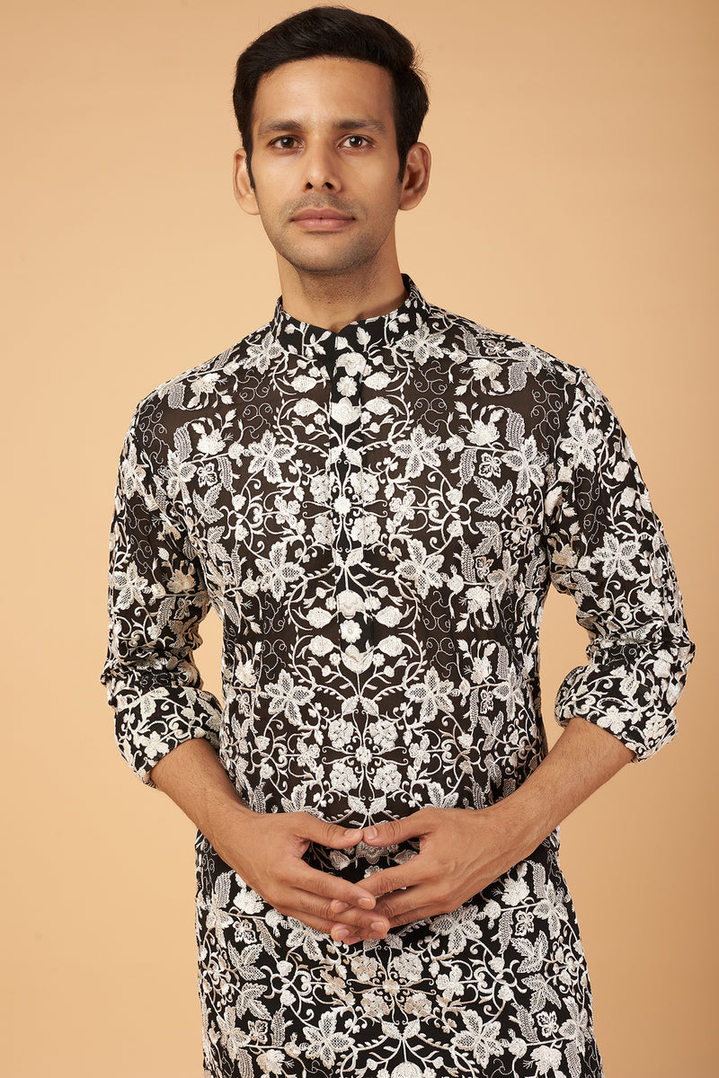 BLACK WITH WHITE RESHAM JAAL KURTA SET