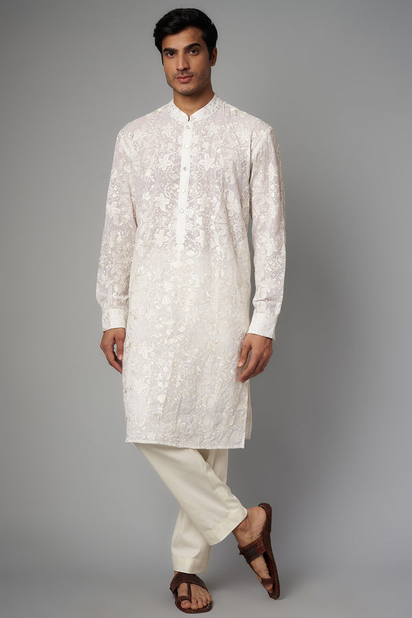 OFF WHITE FULL RESHAM JAAL UNLINED GORGETTE KURTA AND PANT SET
