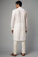 OFF WHITE FULL RESHAM JAAL UNLINED GORGETTE KURTA AND PANT SET