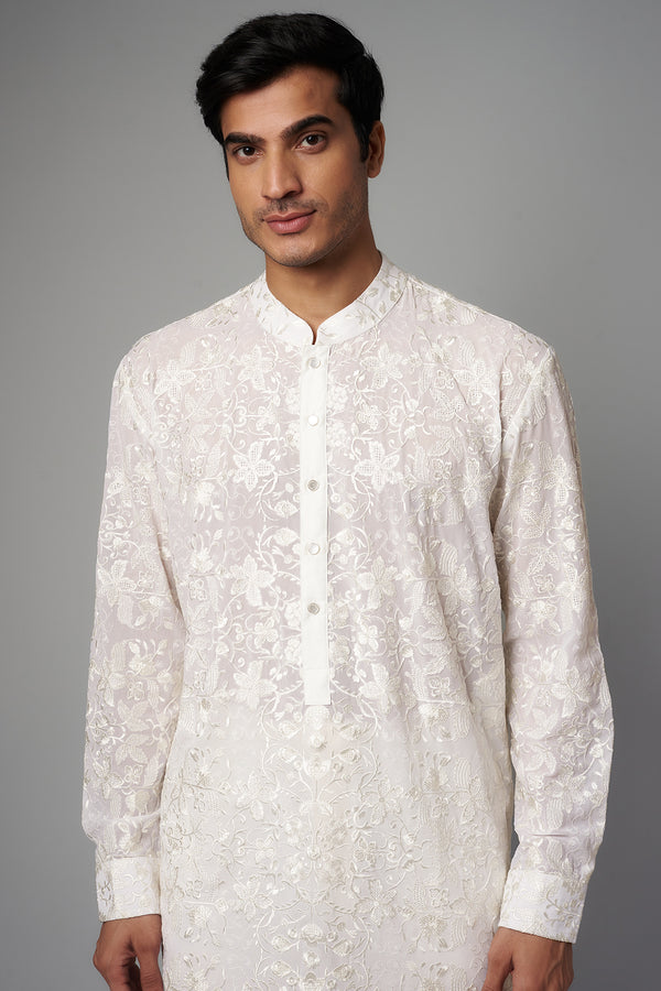 OFF WHITE FULL RESHAM JAAL UNLINED GORGETTE KURTA AND PANT SET