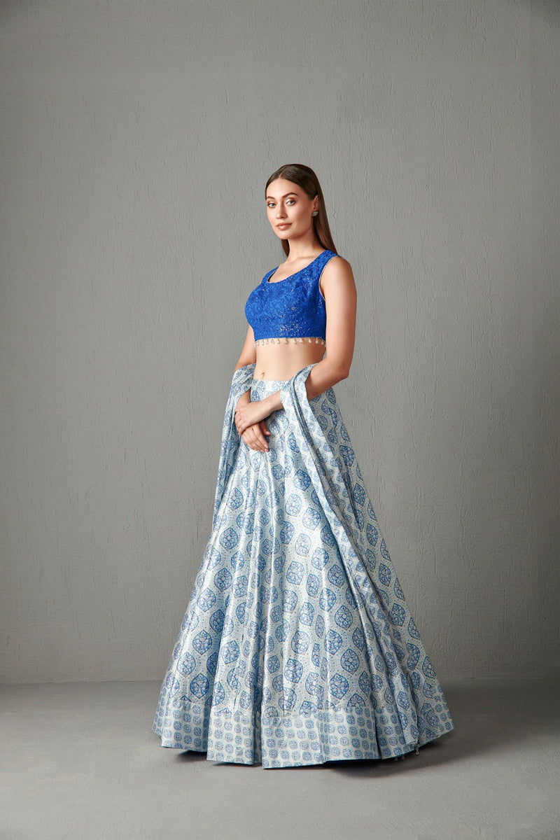 Indigo print dupion lehenga set
