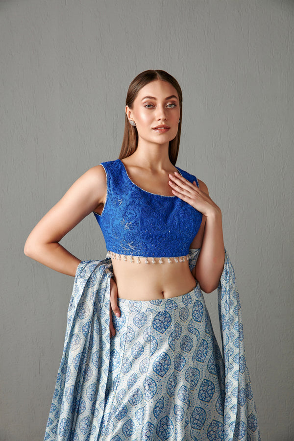 Indigo print dupion lehenga set