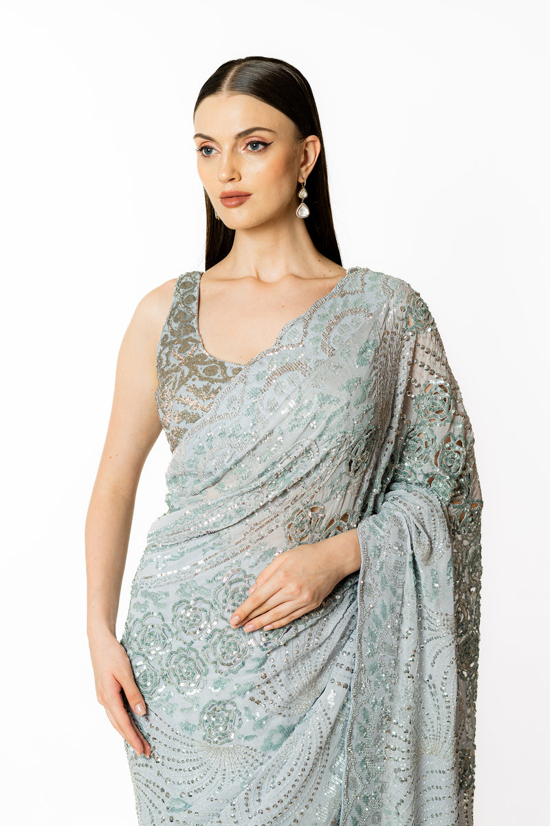 ZAYNAAB SILVER GREY SARI SET