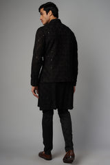 BLACK LEAF GORGETTE CHIKANKARI  DESIGN UNLINED W SEQUIN WORK COLLAR, PATTI, CUFF KURTAW BUNDI W BLK PANT