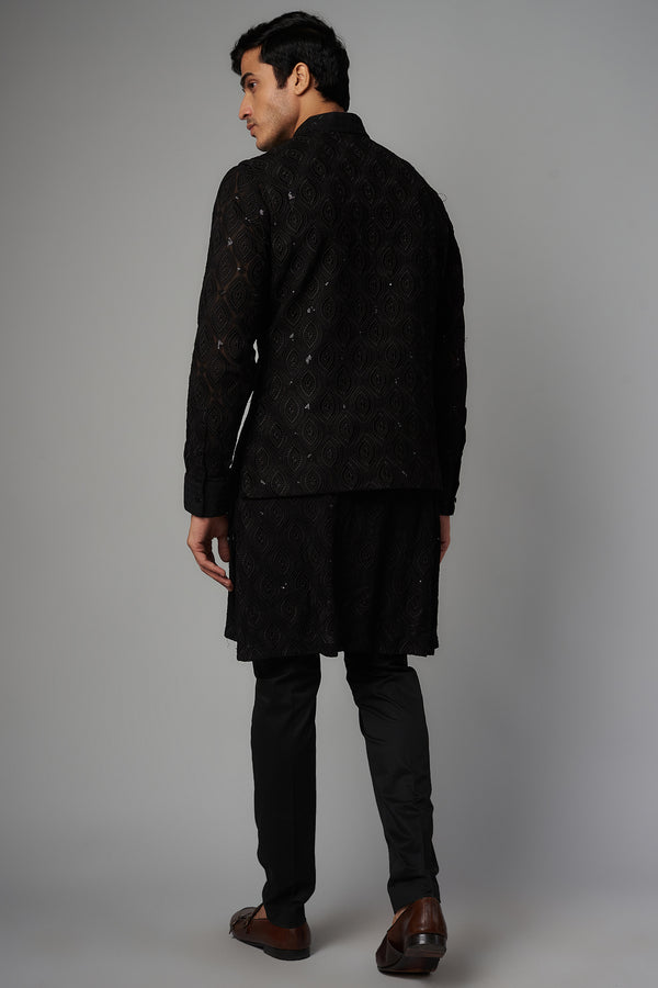 BLACK LEAF GORGETTE CHIKANKARI  DESIGN UNLINED W SEQUIN WORK COLLAR, PATTI, CUFF KURTAW BUNDI W BLK PANT