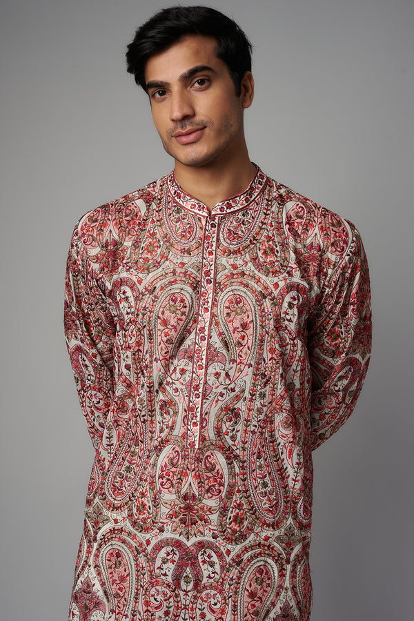 IVORY W RED PAISLEY RESHAM GORGETTE UNLINED KURTA  W PANT