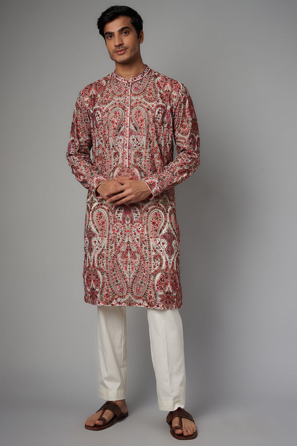 IVORY W RED PAISLEY RESHAM GORGETTE UNLINED KURTA  W PANT