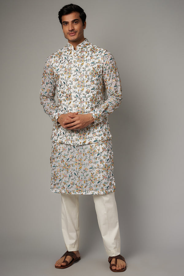IVORY MULTI RESHAM JAAL UNLINED GORGETTE  KURTA /BUNDI /PANT SET