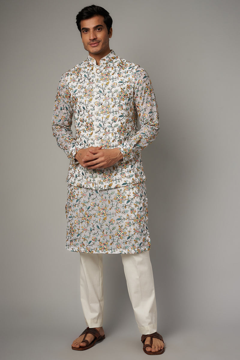 IVORY MULTI RESHAM JAAL UNLINED GORGETTE  KURTA /BUNDI /PANT SET