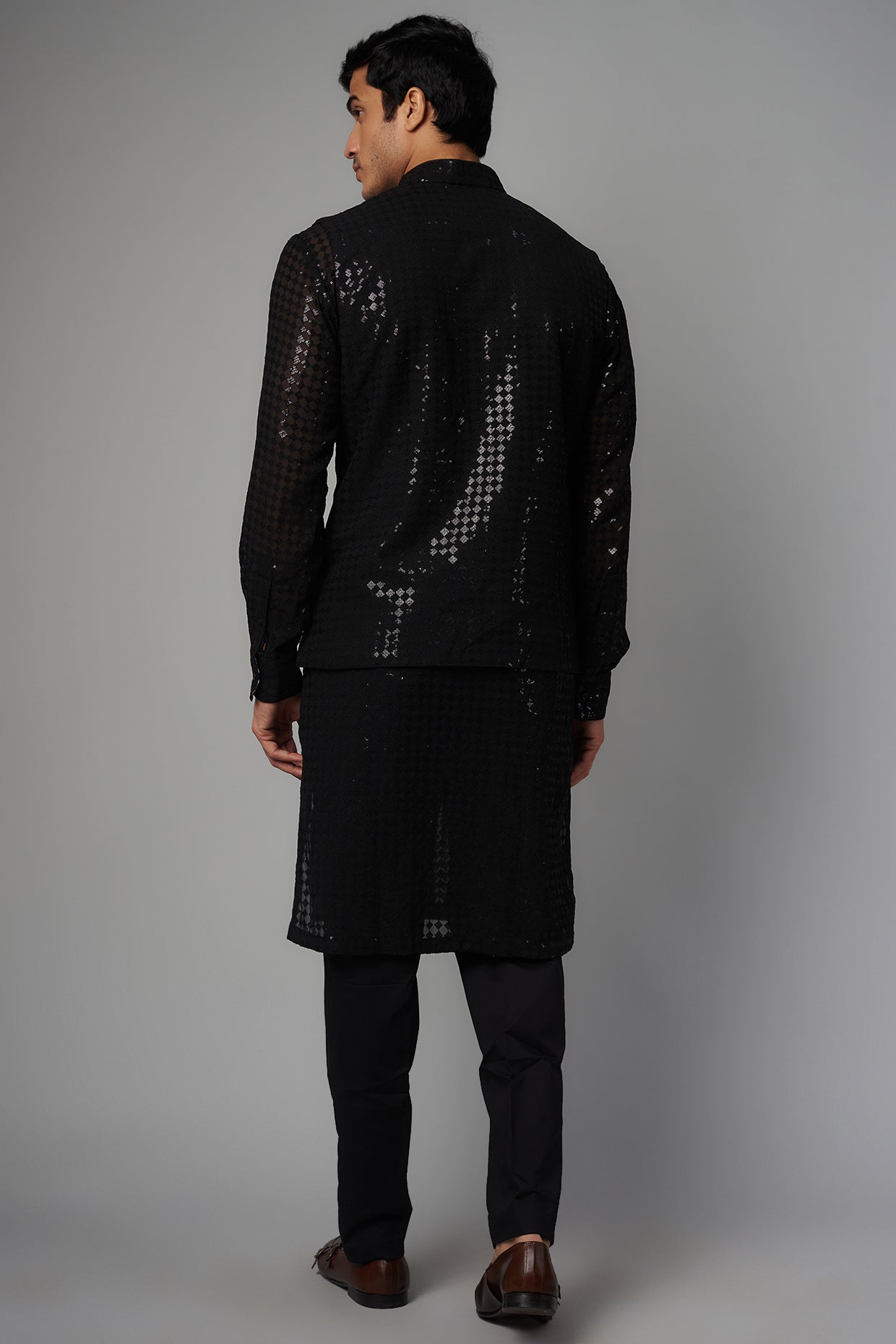 BLACK GORGETTE GRID JAAL UNLINED KURTA  HALF BACK EMBO.  W PANT
