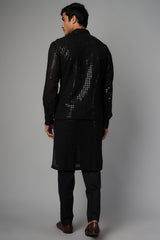 BLACK GORGETTE GRID JAAL UNLINED KURTA  HALF BACK EMBO.  W PANT