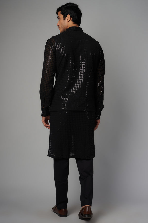 BLACK FULL SEQUIN DIBBI JAAL UNLINED GORGETTE KURTA  W PANT