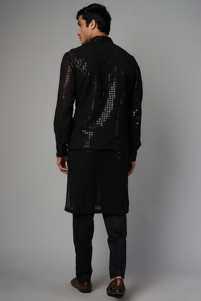 BLACK GORGETTE GRID JAAL UNLINED KURTA  HALF BACK EMBO.  W PANT