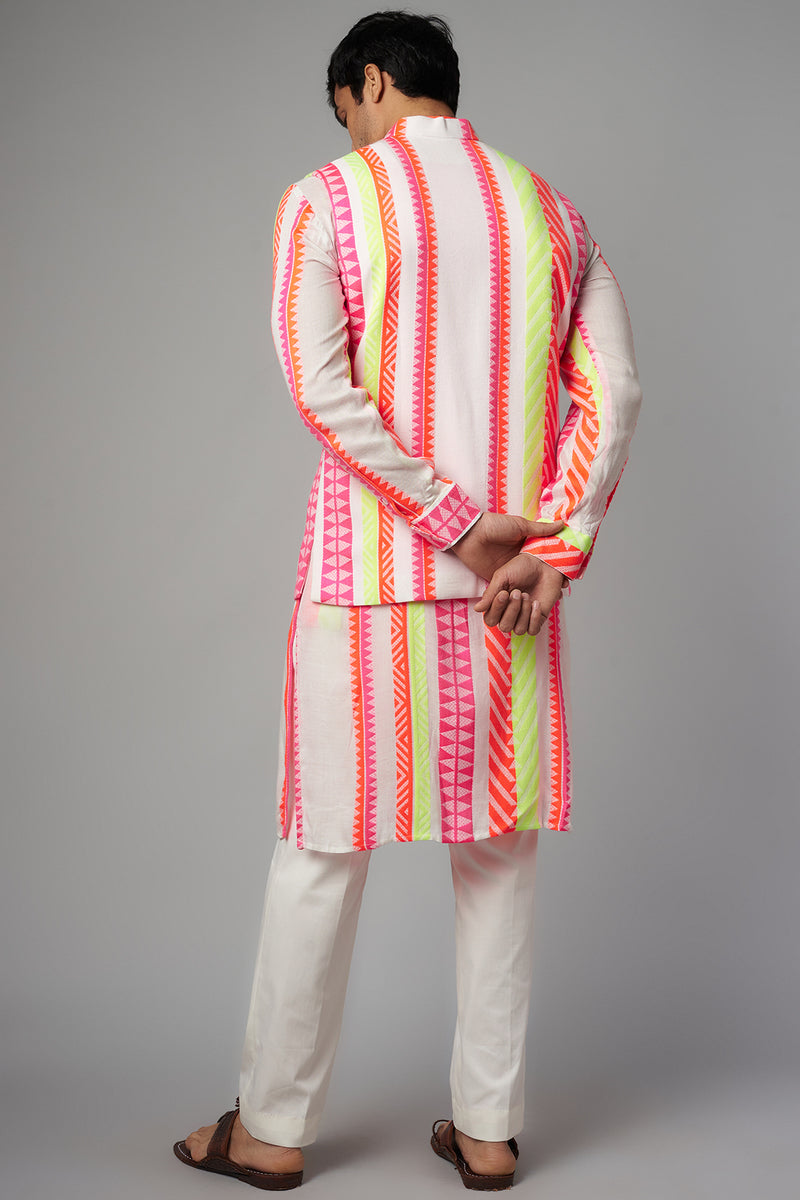 IVORY/RANI  STRIPE PRINT COTTON UNLINED KURTA  W BUNDI W PANT