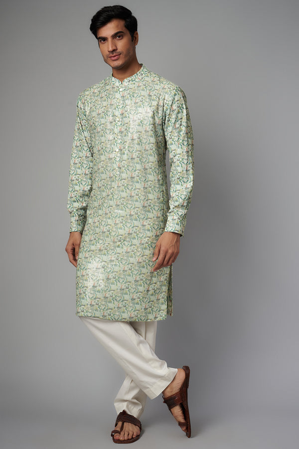 IVORY/GREEN PRINT SHEETING FRONT , CREPE PRINT BACK, SLEEEVES W CREPE LINING SAME PRINT KURTA AND PANT