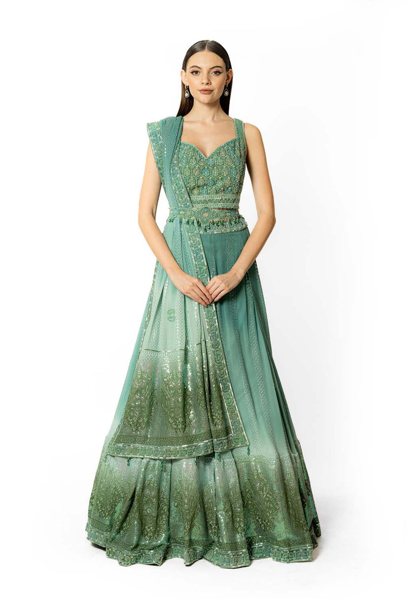 SHADED PEACOCK AND AQUA NADIA LEHENGA SET
