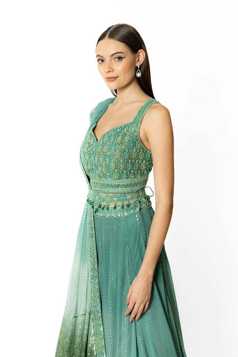 SHADED PEACOCK AND AQUA NADIA LEHENGA SET